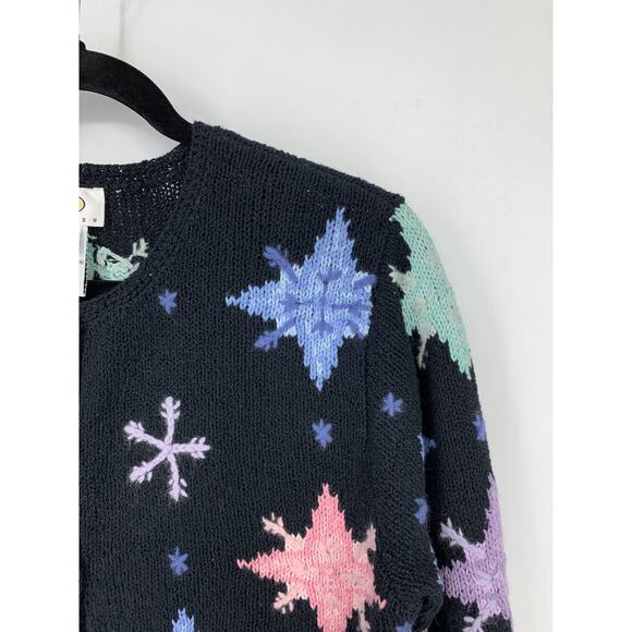 Talbots Petites Size MP Snowflake Print Button Front Cardigan Sweater Black Pink - Picture 2 of 5